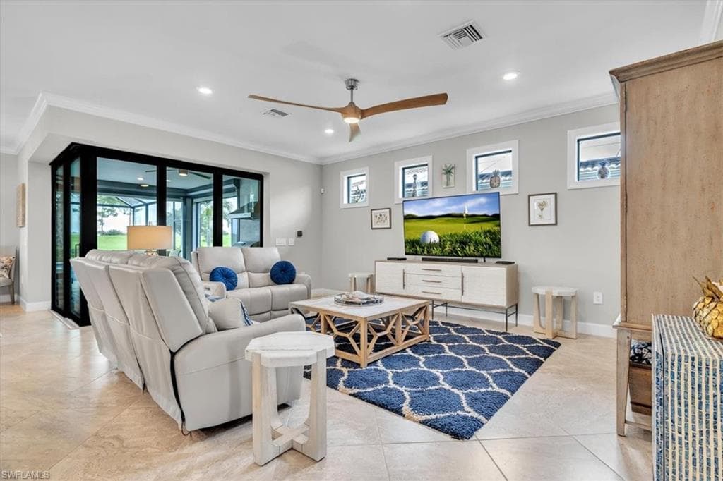 -featuring crown molding, zero corner sliders and upgraded lighting