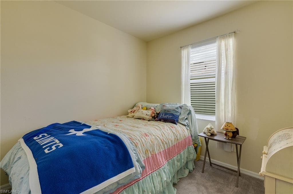 Neutral wall paint, window with blinds and sheer curtains, and carpeted flooring