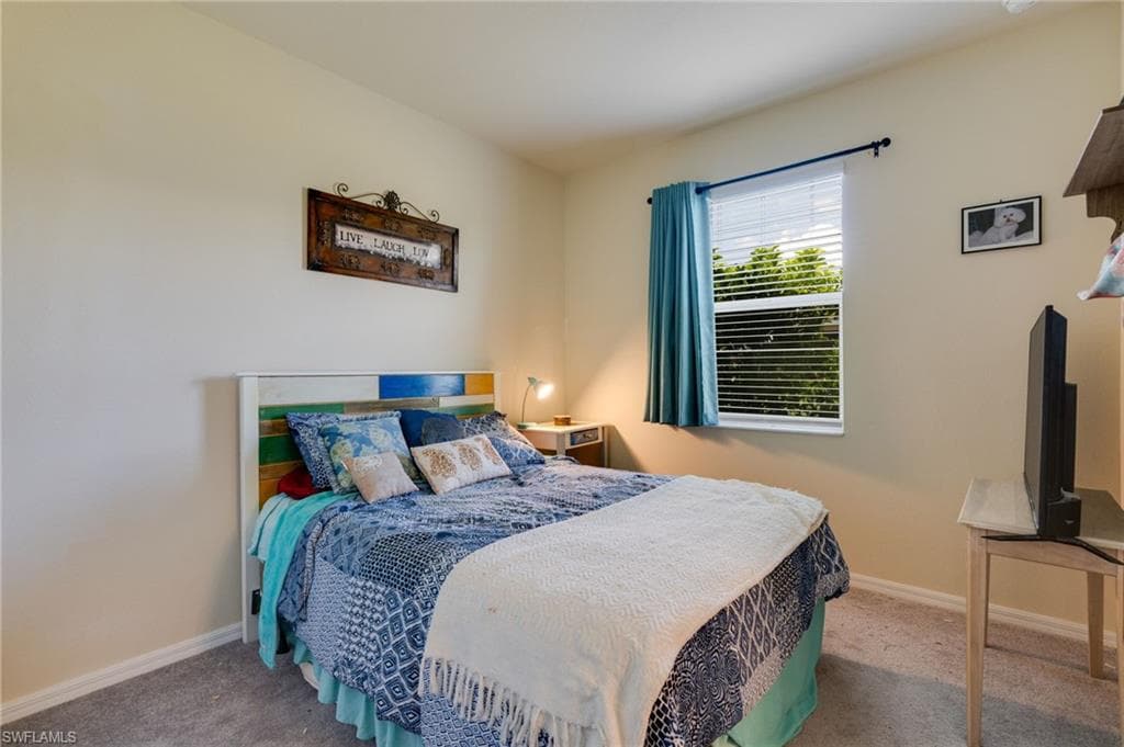 Wall-to-wall carpeting and a window with blinds and curtains
