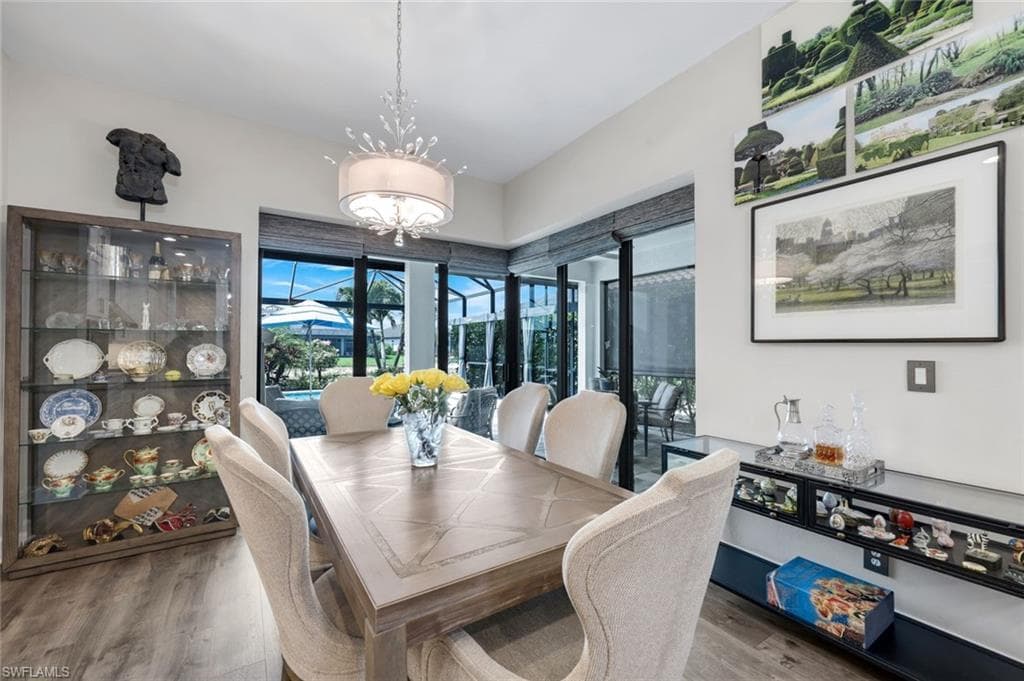 Dining area featuring wood-finish flooring and a decorative chandelier