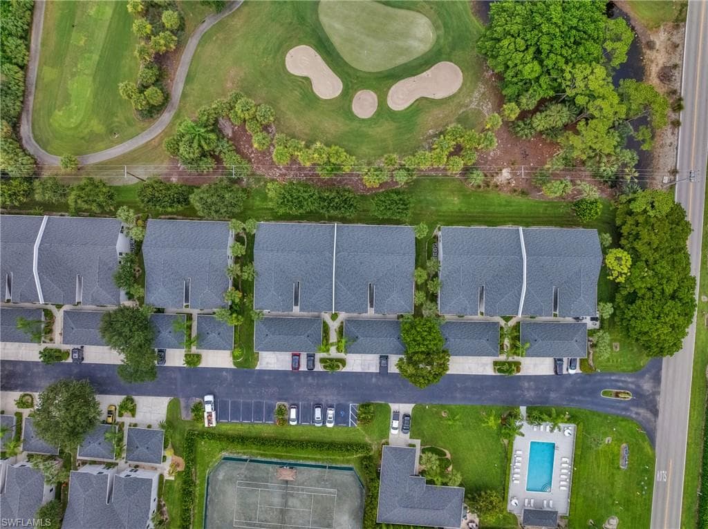 Aerial perspective showcasing a community with multiple residences