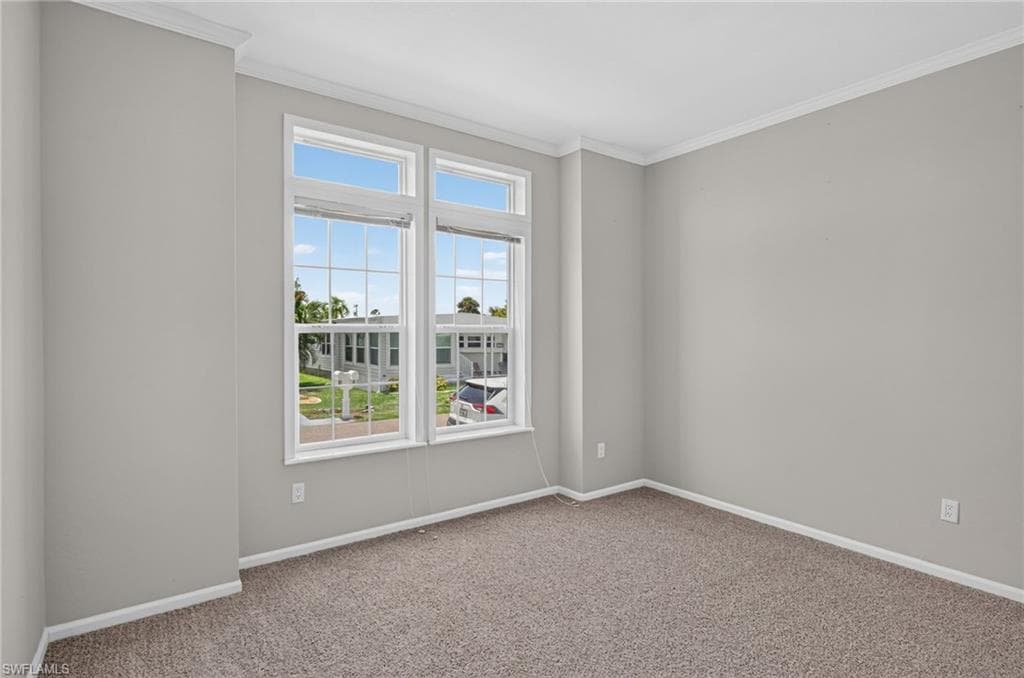 Bedroom 1, featuring two large windows, neutral wall paint, white crown molding, white baseboards, and carpet flooring