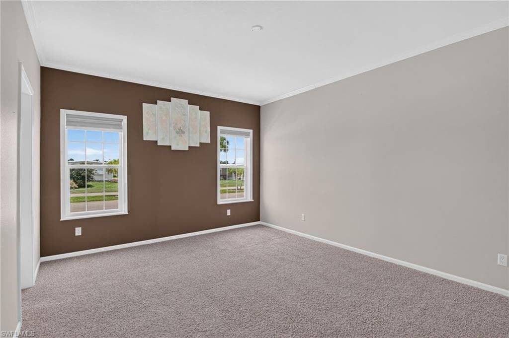 Owners Suite, Carpeted interior room featuring a brown accent wall with two windows, light gray walls, and white trim molding