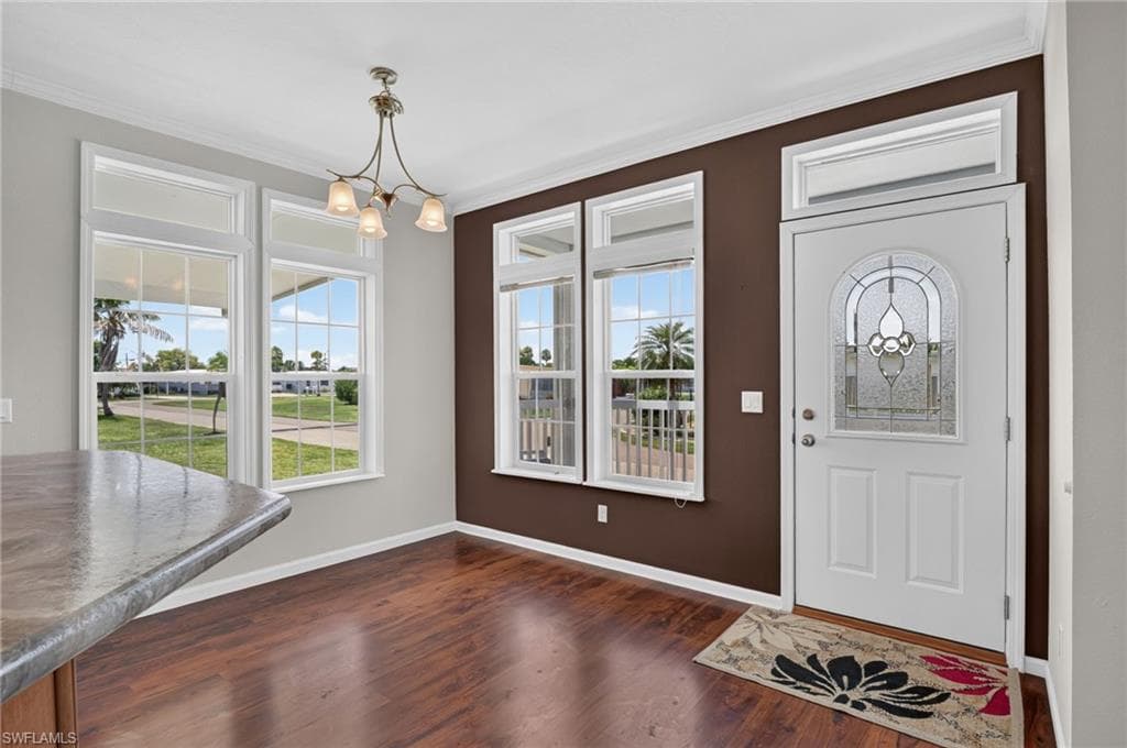 Entry area featuring wood-finish flooring, a decorative glass paneled door with transom window, and multiple large windows providing abundant natural light