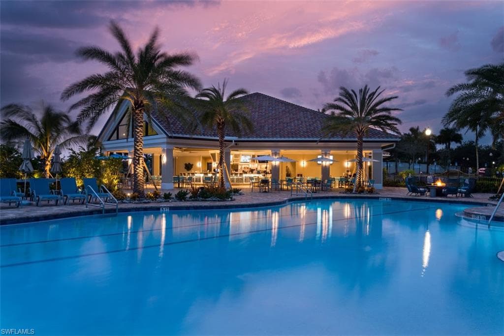 Cabana at night and pool