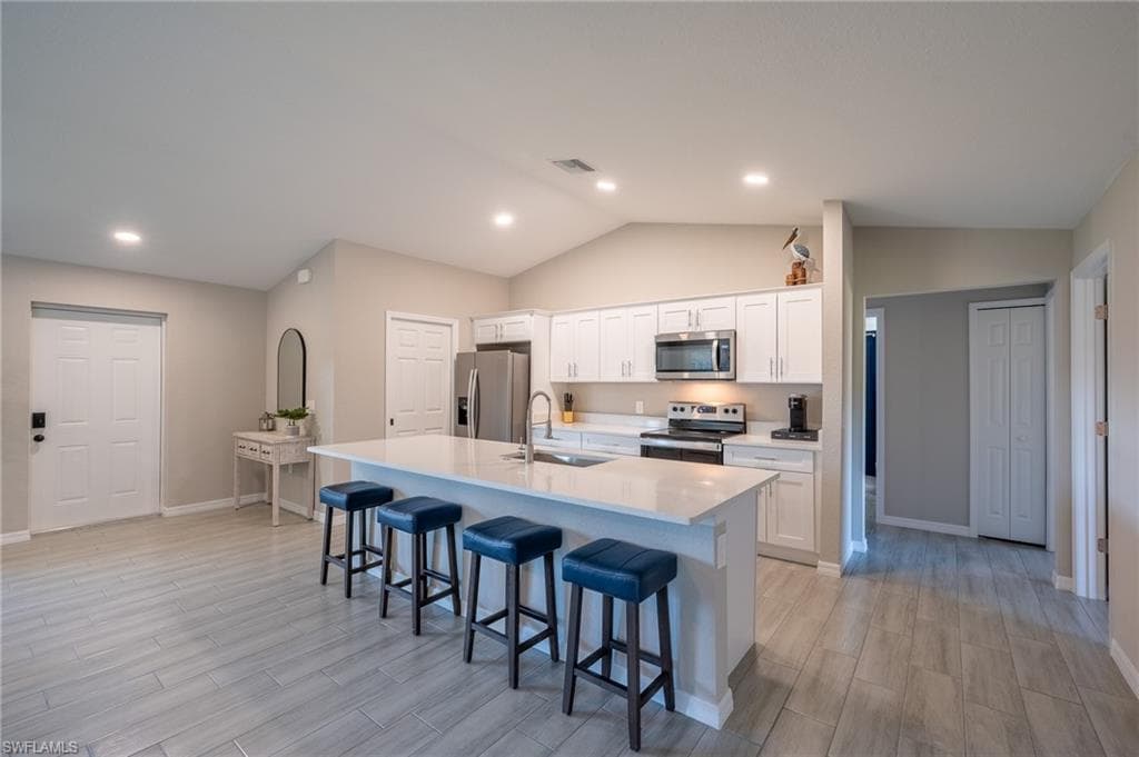 Modern kitchen featuring white cabinetry, stainless steel appliances, a white island with an integrated sink, and wood-finish flooring