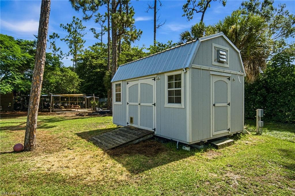 Permitted lofted shed is 16‘ x 10‘ and afford the opportunity to neatly and safely secure tools and small equipment in a dedicated space while adding character and charm with its modern farmhouse, build out aesthetics