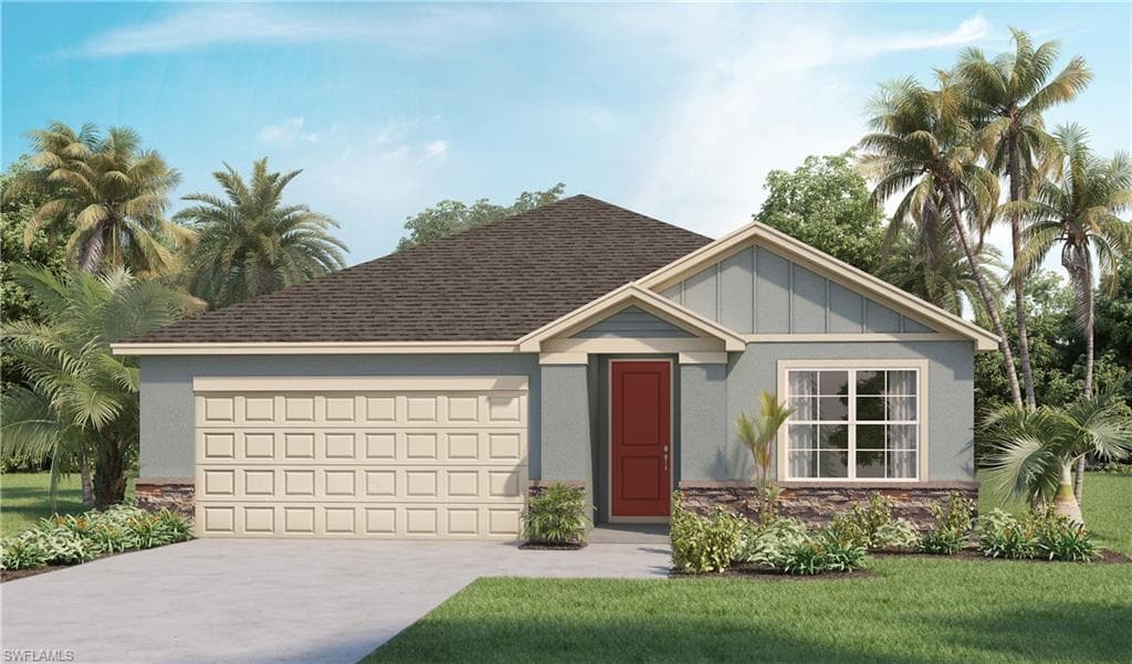 Single-story residence featuring a two-car garage, stone veneer accents, and a distinctive front gable with vertical siding