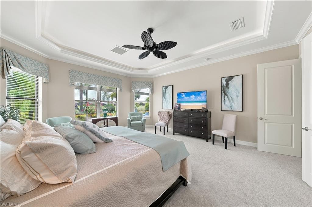 Spacious room featuring tray ceilings with crown molding, light-toned wall paint, large windows with horizontal blinds, and light-colored carpeting