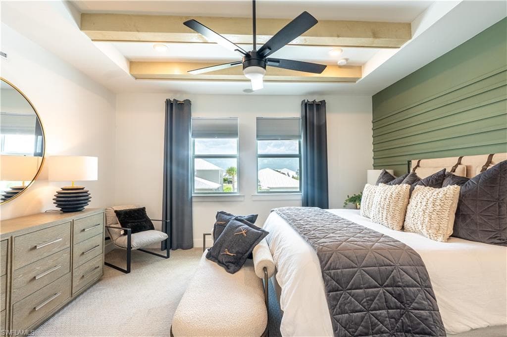 Bedroom featuring a coffered ceiling with wood beams, a ceiling fan, and recessed lighting