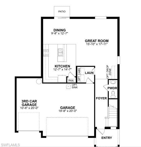 View of floor plan / room layout- First Floor with garage on left.