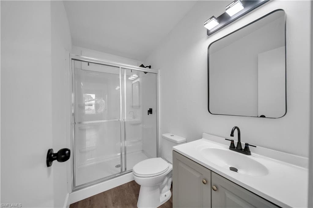 Bathroom featuring a glass-enclosed shower, wood-finish flooring, and a vanity with an integrated sink