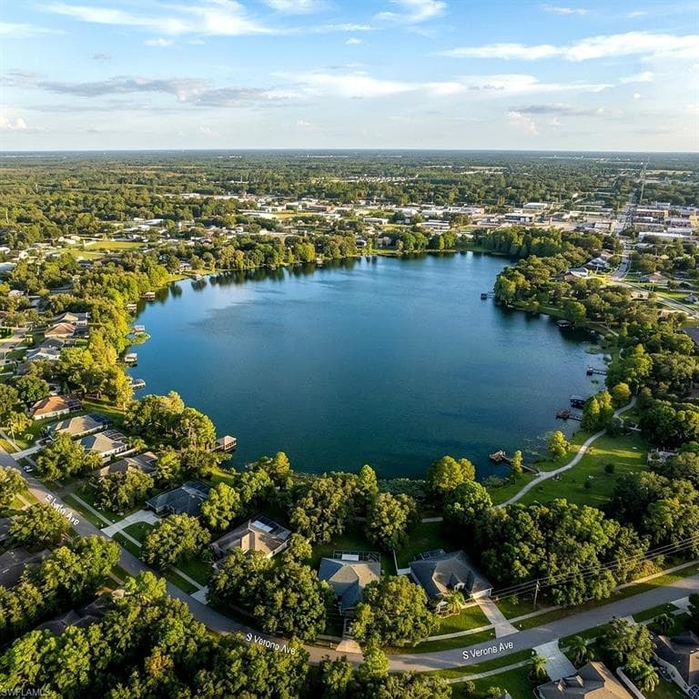 Aerial perspective showcasing a large, central lake surrounded by residential properties and abundant tree coverage