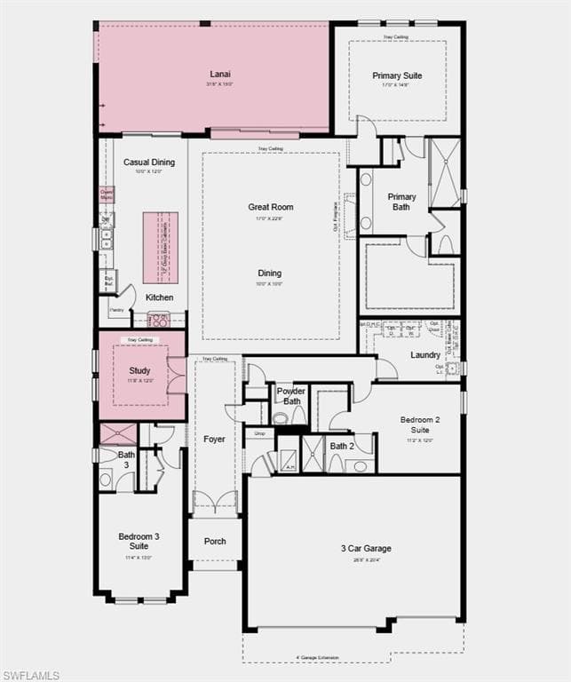 Floor Plan - Additional Highlights Include: tray ceiling package, shower in bathroom 3, 4' garage extension, outdoor kitchen rough-in, pool/spa pre-wire, and impact windows throughout the whole house