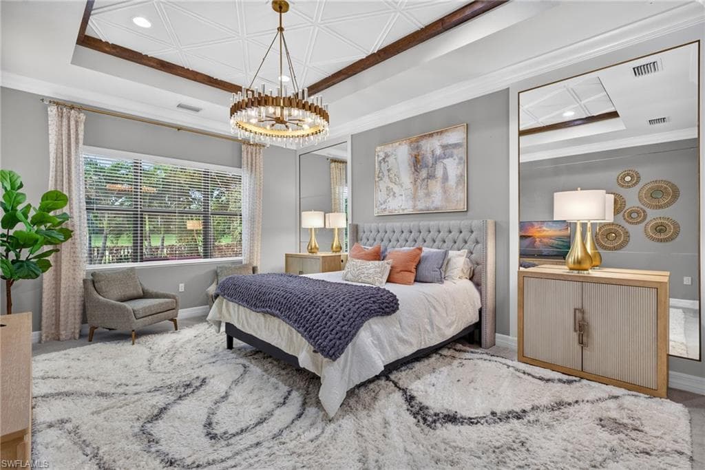 Tray ceiling with decorative panels and wood-finish beams