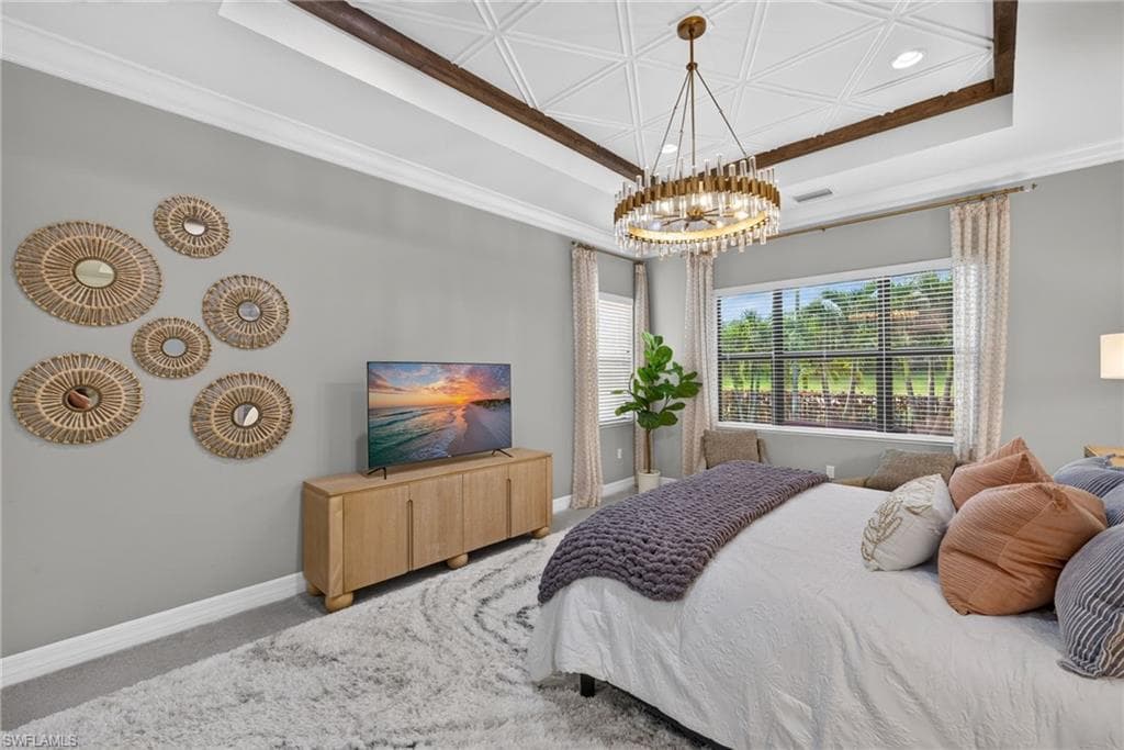 Tray ceiling with decorative ceiling tiles and wood beams