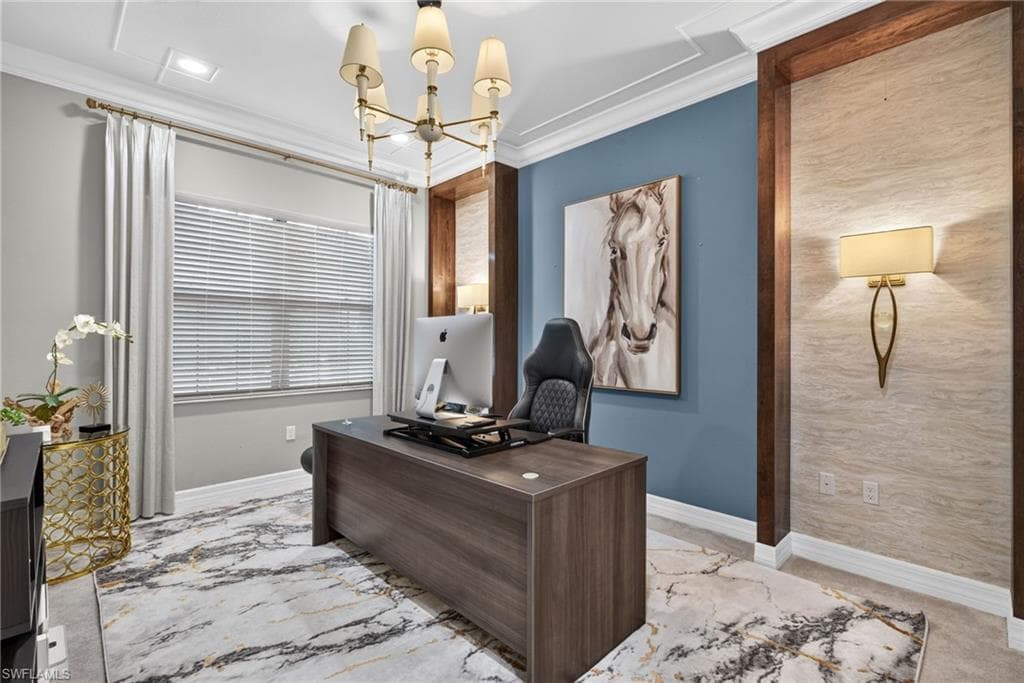 Recessed lighting, custom trim, crown molding, sconce lighting, and a decorative ceiling fixture illuminate this space. Located on 1st floor, can be converted to 5th bedroom, with full bath next to it.