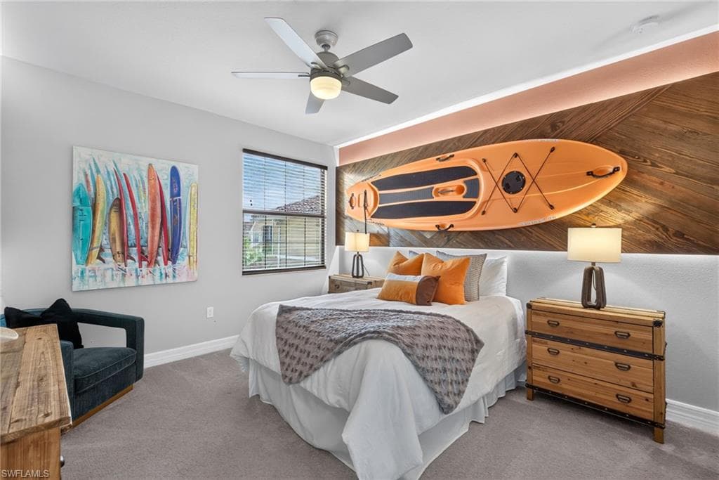 3rd Bedroom with wood-finish accent wall with integrated ambient lighting, custom finishes.