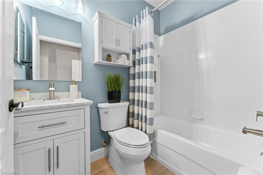 Guest Bathroom renovated, tile floors, new vanity, mirror, lights, toilet, cabinet, tub re-glazed, all Moen fixtures.