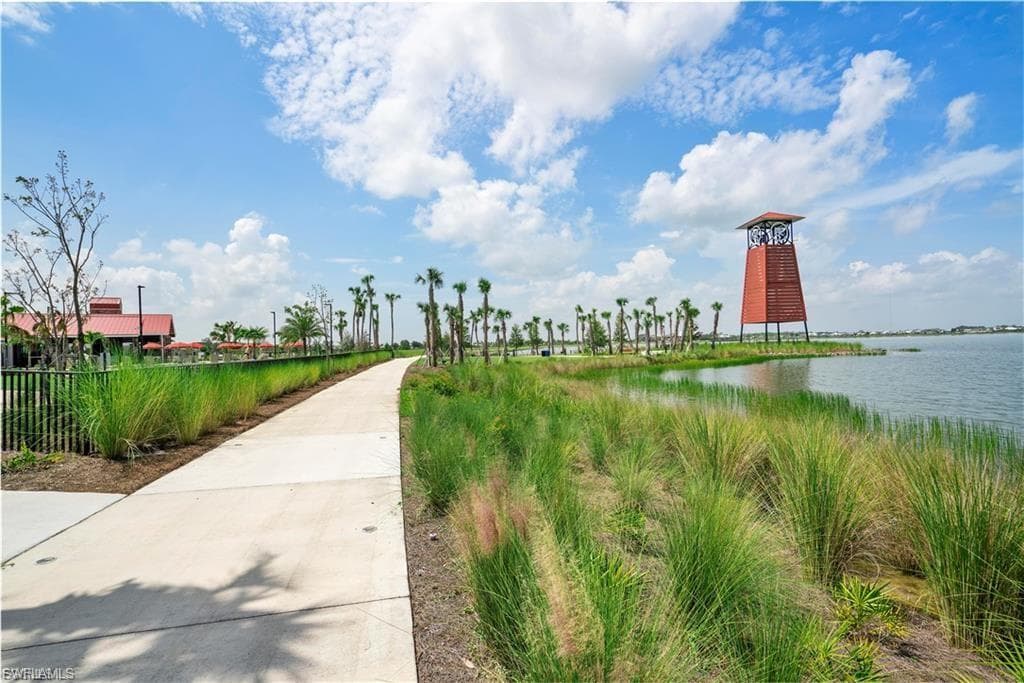 Scenic waterfront promenade featuring a concrete pedestrian pathway, native marsh grasses, and mature palm tree landscaping