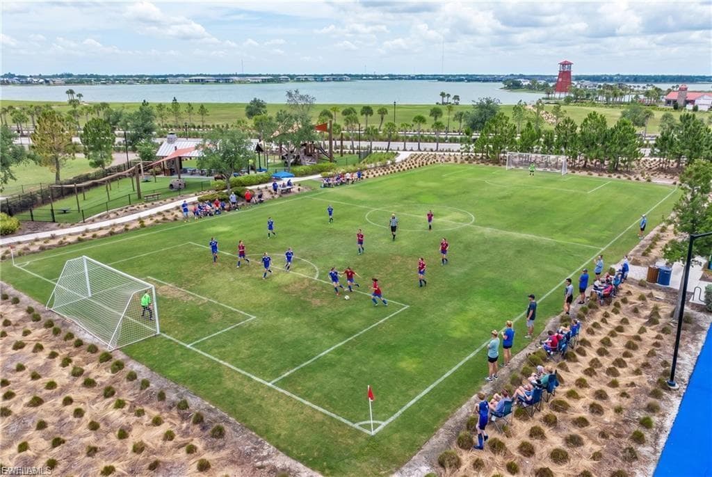 Regulation-size soccer field with professional goal frame, surrounded by manicured lawn and mature landscaping