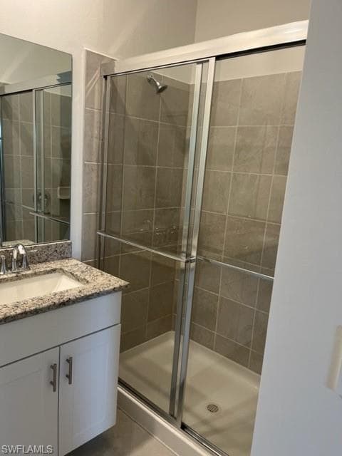 Bathroom featuring vanity and a shower stall