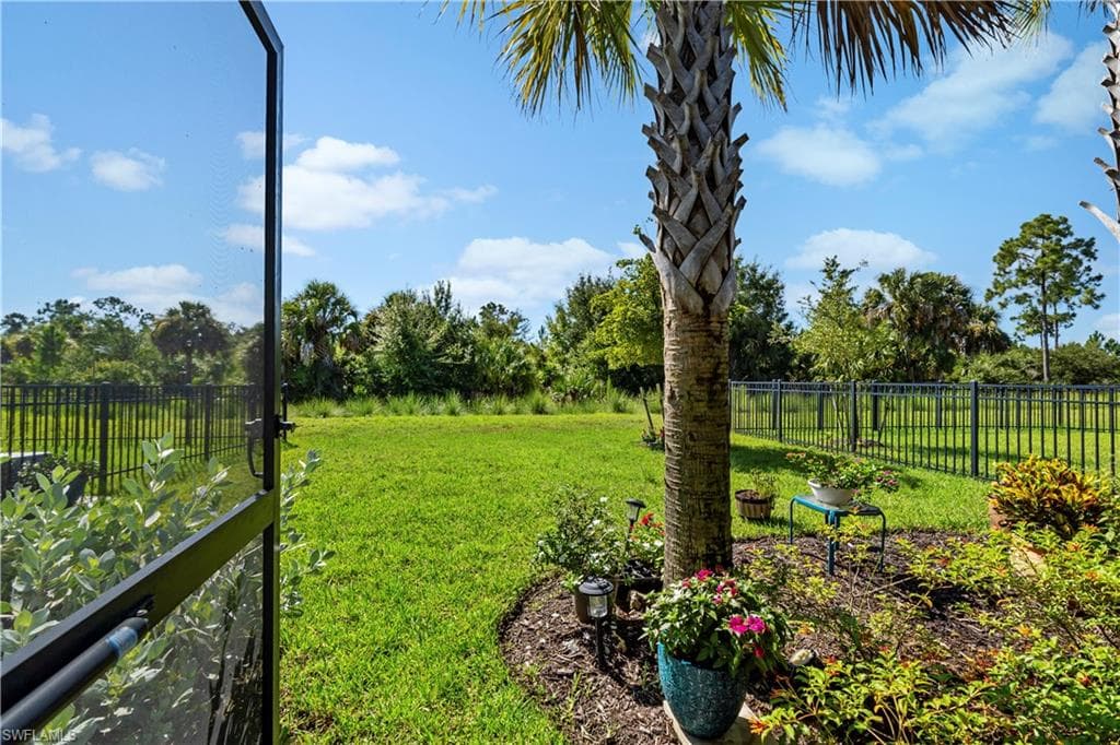 Expansive manicured lawn anchored by mature palm tree, bordered by black metal fencing