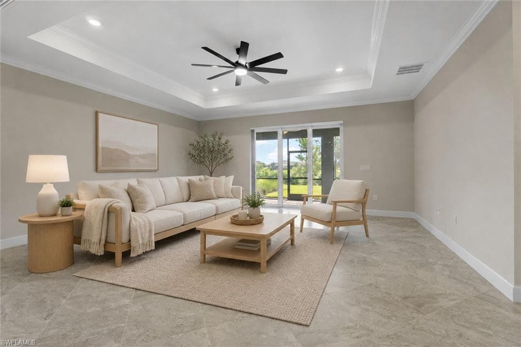 Tray ceiling with recessed lighting and ceiling fan