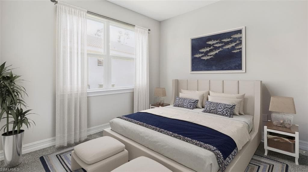 This image is virtually staged. Bedroom with carpet flooring and baseboards