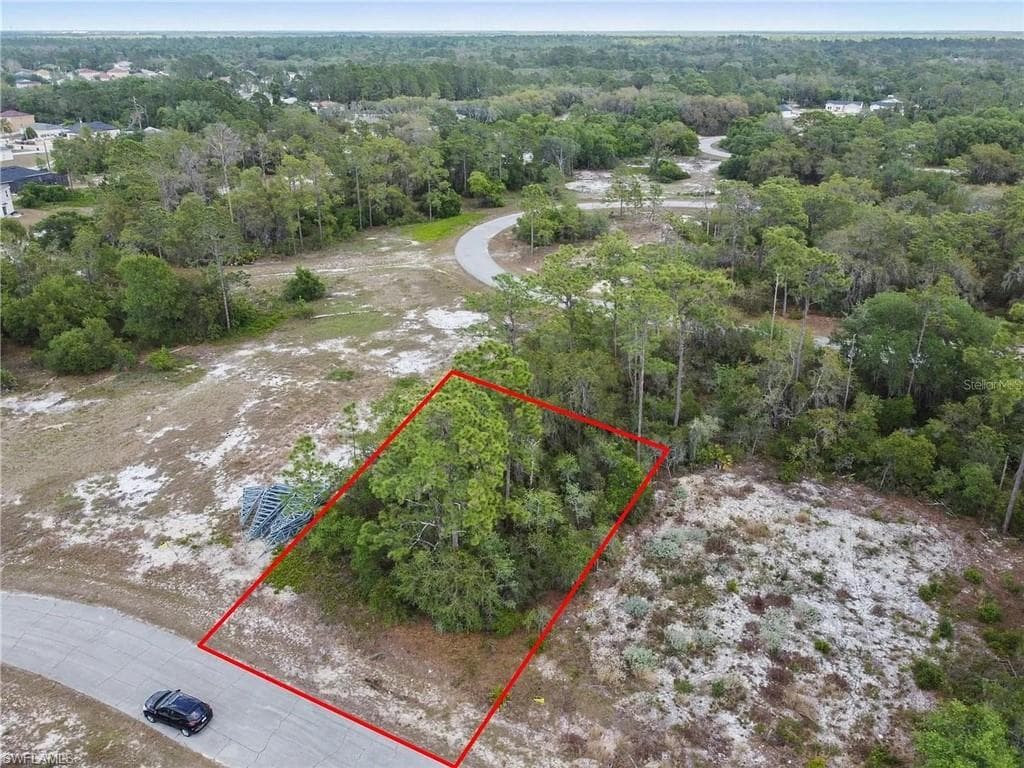 Vacant land parcel featuring mature trees and a paved street