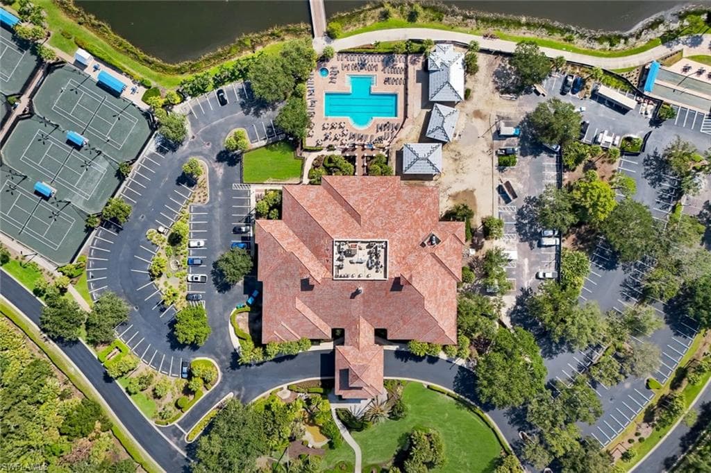 Overhead View of Grandezza’s Main Clubhouse, Resort-Style Pool, and Tennis Courts