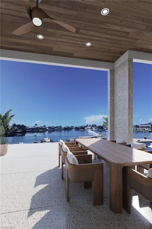 Expansive outdoor terrace featuring a wood-finish ceiling, recessed lighting, and a modern ceiling fan