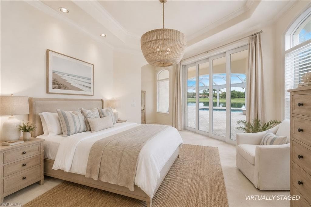Recessed lighting, crown molding, and a woven pendant light fixture