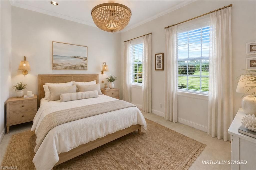 Recessed lighting, crown molding, two large windows, wood-finish bed frame, and a beaded chandelier