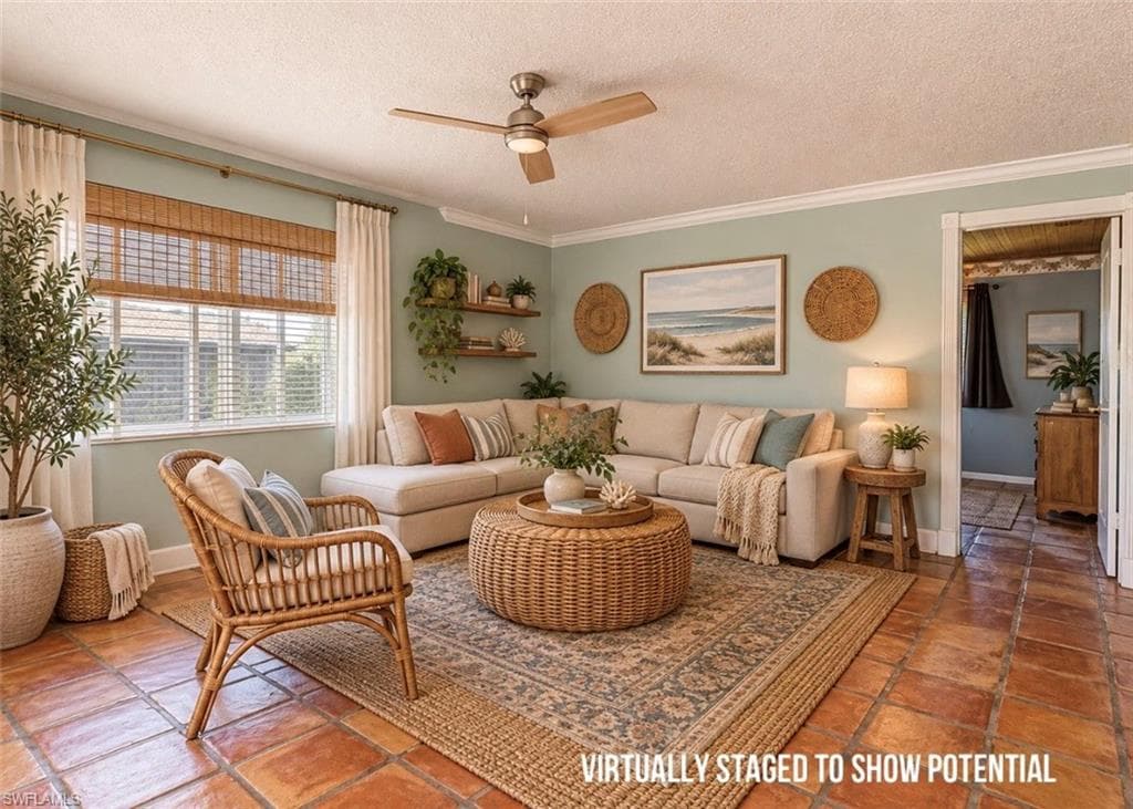 VIRTUALLY STAGED Terracotta tile flooring throughout, crown molding detail, recessed window with blinds, and a ceiling fan with integrated lighting