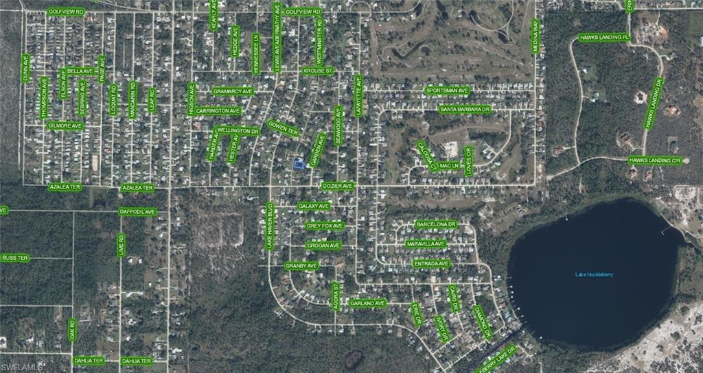 Aerial Map. Depicting a residential area with labeled streets and a body of water