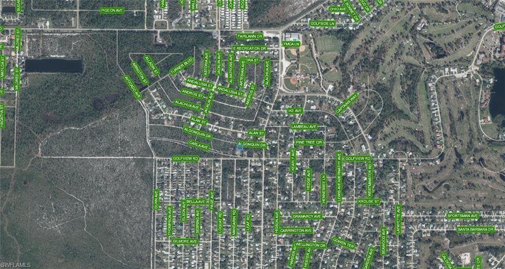 Aerial Map. Displaying a section of a residential area with street names and topographical features