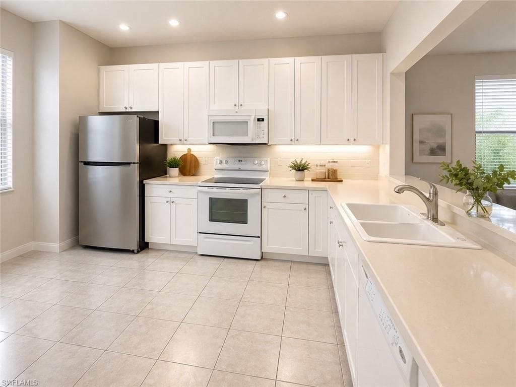 White cabinetry, stainless steel refrigerator, white appliances, dual basin sink, light-toned countertops