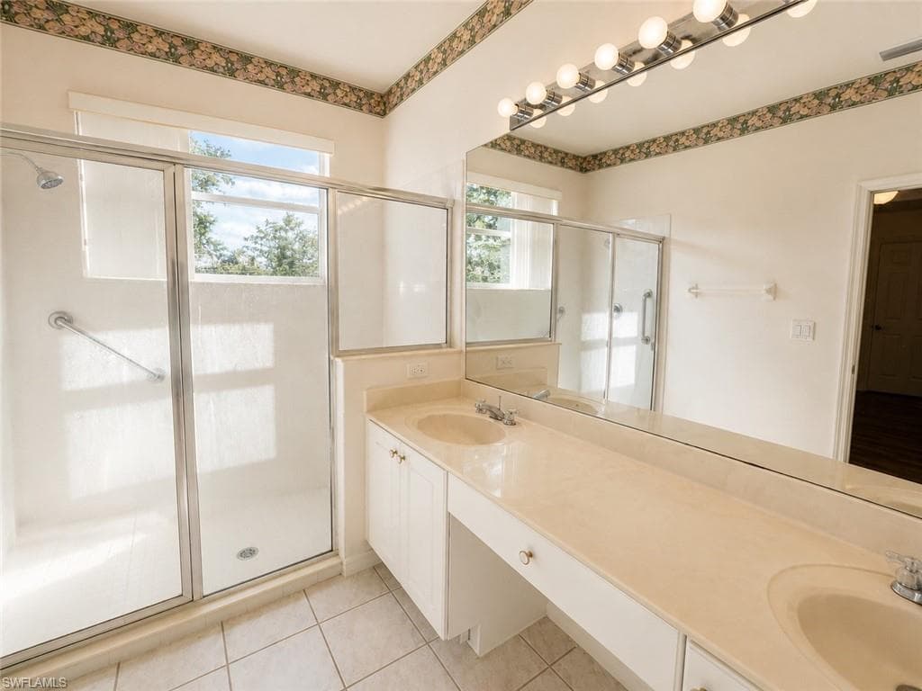 Bathroom featuring a glass-enclosed shower, dual vanity sinks, extensive counter space, and a large mirror with integrated lighting