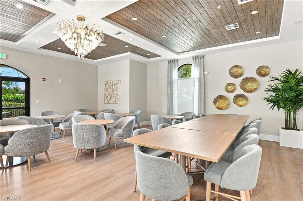 Wood-finish flooring with a decorative wood panel ceiling and recessed lighting
