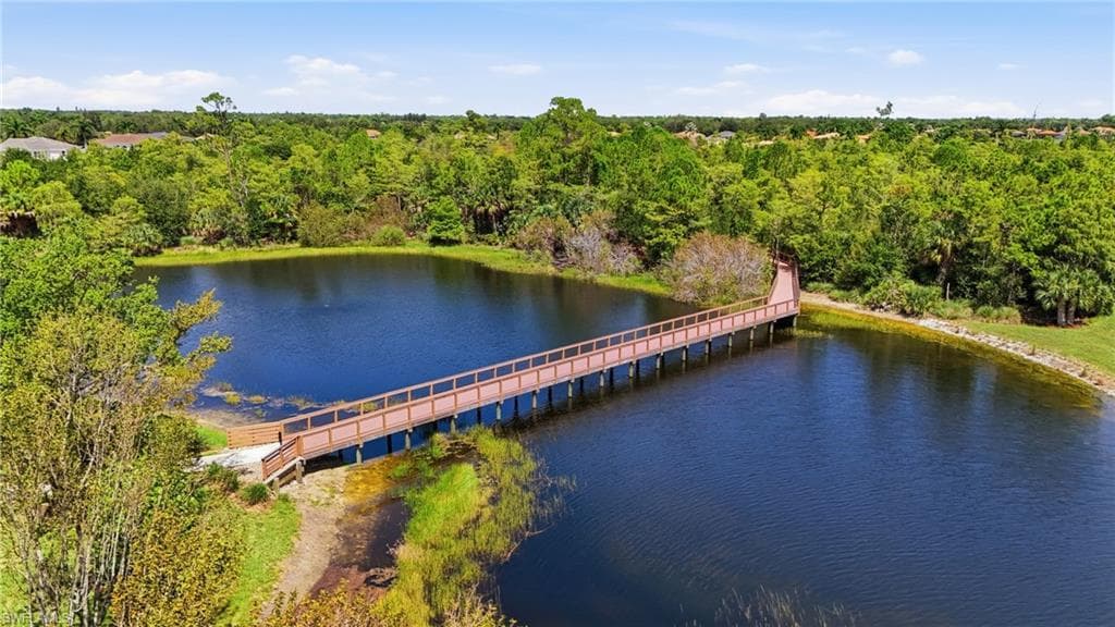 Expansive water feature with a wooden pier, surrounded by lush green foliage and mature trees