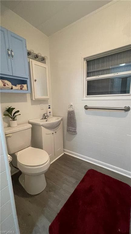 Bathroom with vinyl flooring, toilet, and vanity