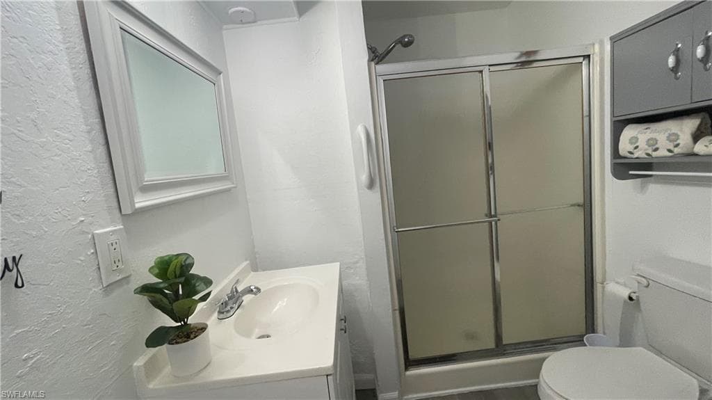 Bathroom with a shower with shower door, toilet, and vanity