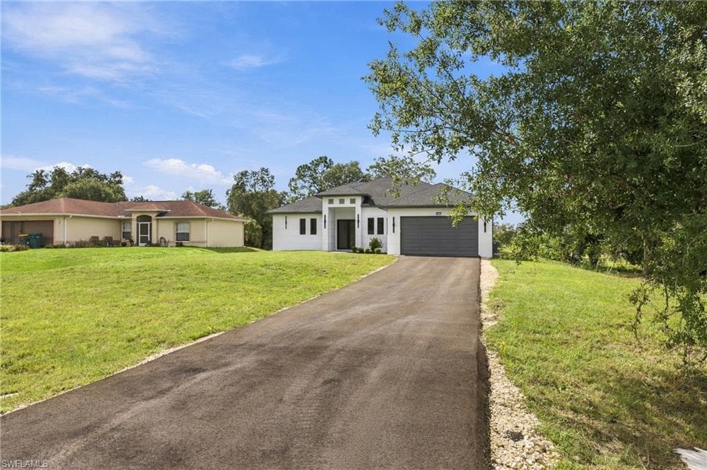 Contemporary stucco exterior with a dark shingle roof, attached garage with a dark door, and paved driveway