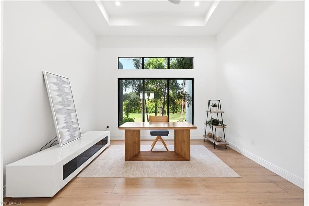 Recessed lighting, tray ceiling, full-height windows, transom windows, wood-finish flooring