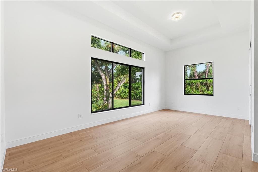 Light wood-finish flooring, white walls, and a tray ceiling